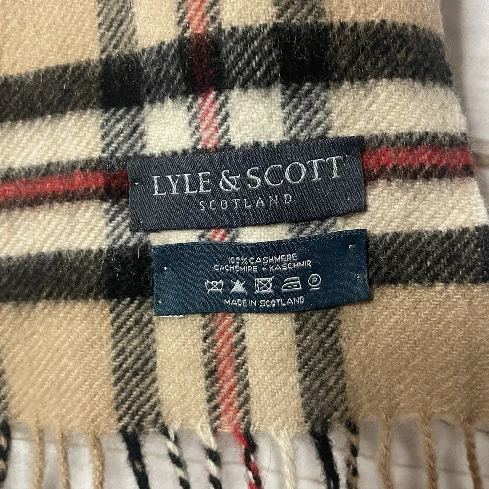 Lyle & Scott Scotland 100% Cashmere Scarf Beige, Black and Red Plaid‎ - Picture 2 of 5